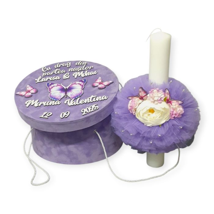Trusou botez fluturasi mov + lumanare botez