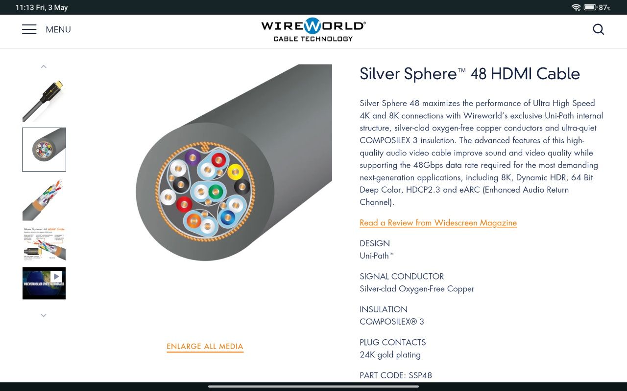 Wireworld Silver Sphere 48G HDMI Cable 3 Метра Като Нови 2 Броя