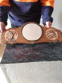 Cuier rustic din lemn, cu oglinda, lung 60 cm , cu 3 agatatori