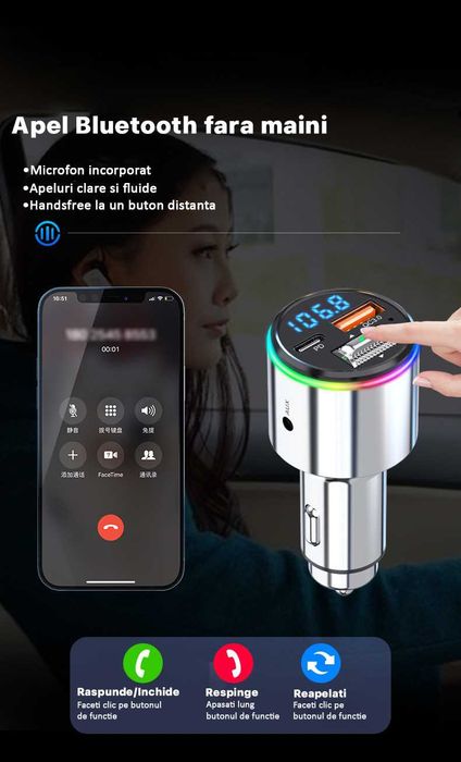 Modulator FM auto Bluetooth 5.1 ,2 porturi, incarcare fast charger
