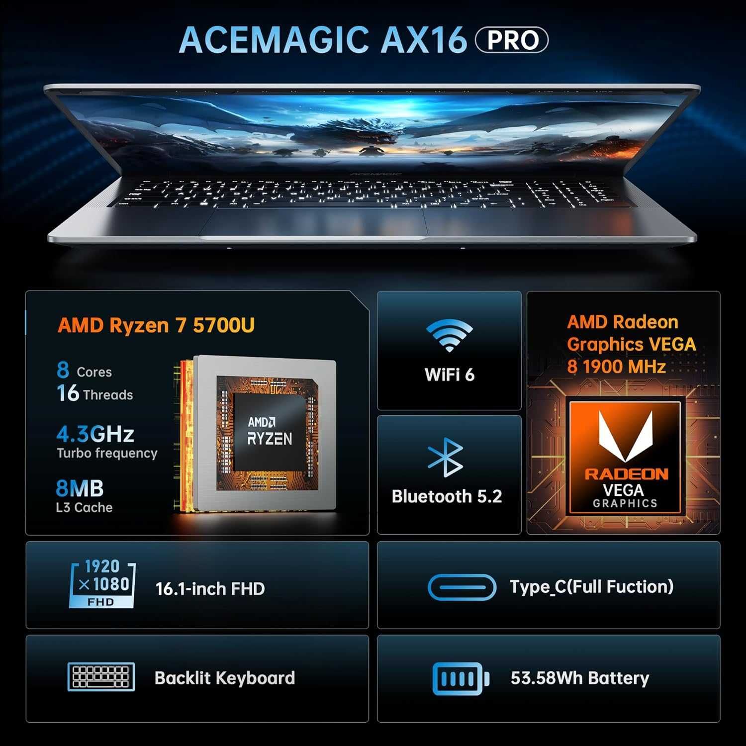 ACEMAGIC laptop pentru jocuri cu procesor Ryzen 7  16,1 16GB  512GB