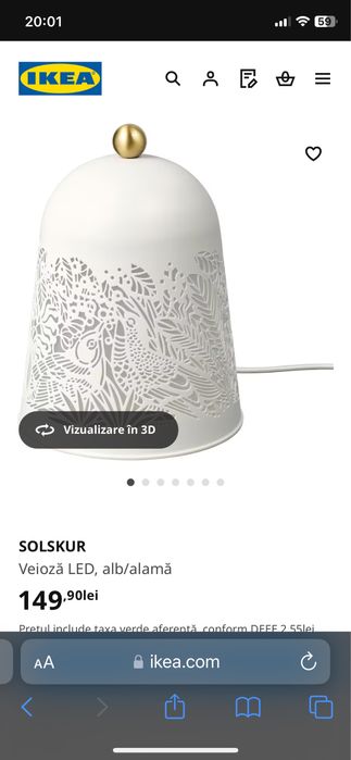 2 veioze ikea - model SOLSKUR alb/alamă