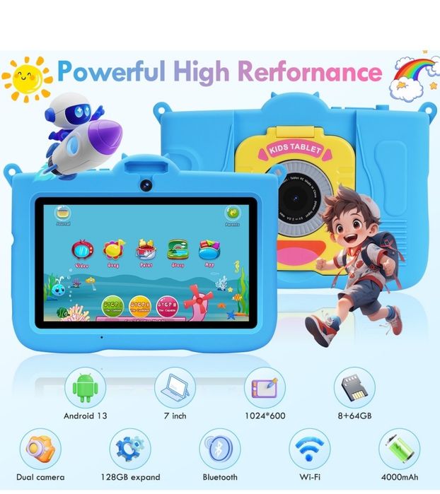 Tableta pentru copii, 7 inch, Android 13, 3-12 ani, albastra sau roz