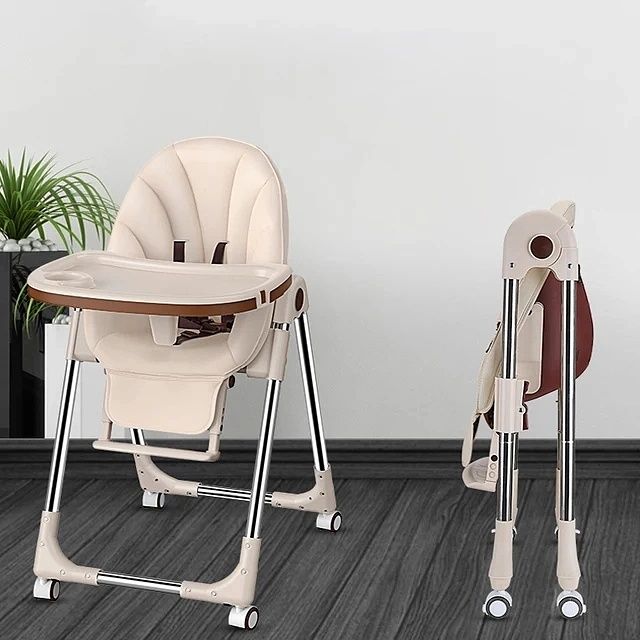 Scaun de masa pentru copii ergonomic, culoare bej, pliabil cu roti