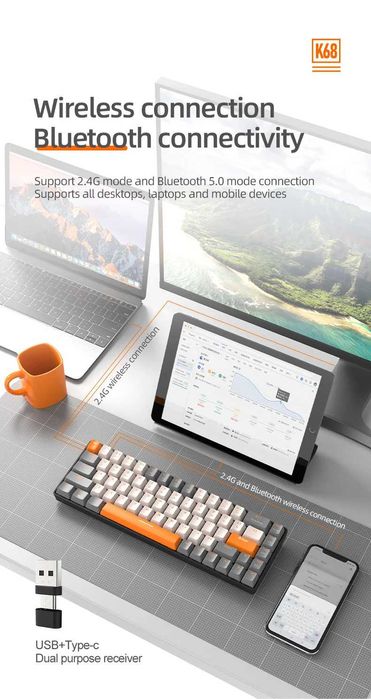 Tastatură mecanică Wireless K68 60%,Bluetooth 5.0/2.4Ghz