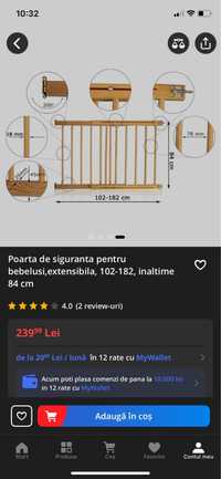 Poarta de siguranta pentru bebelusi, extensibila 102-182, inaltime 84