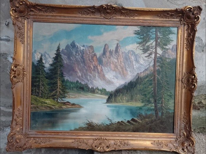 Tablou Ulei pe pânză peisaj montan o lucrare foarte veche semnata înc