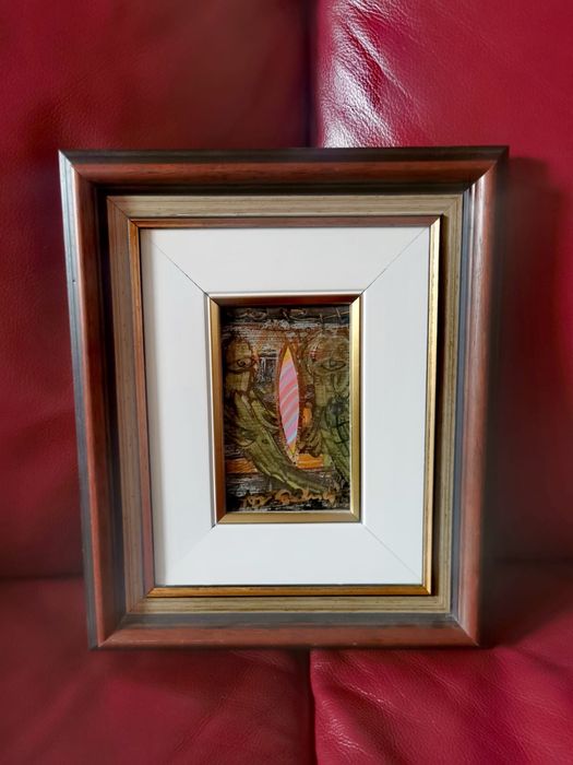 Картина миниатюра  масло дърво  “ Диалог “ Никола Певичаров Пловдив