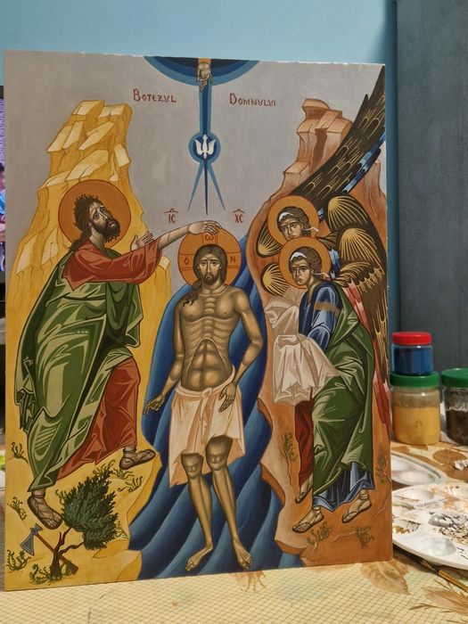 Icoana cu scena Botezului Domnului, pictata manual pe lemn de tei
