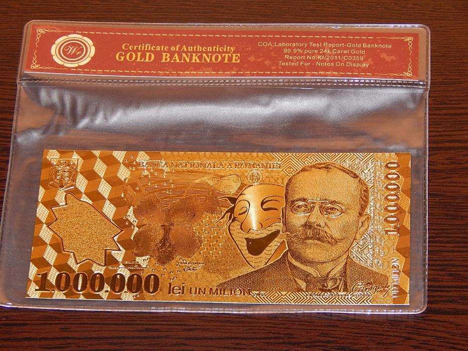 Bancnota 1 milion lei placata cu aur 24 k