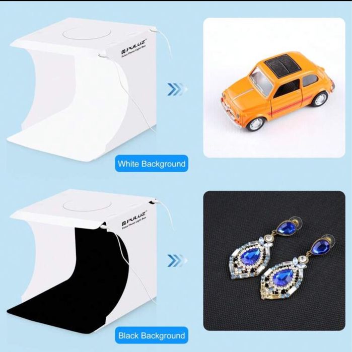 Cutie foto cu LED și 2 fundaluri – ideală pentru fotografii de produs