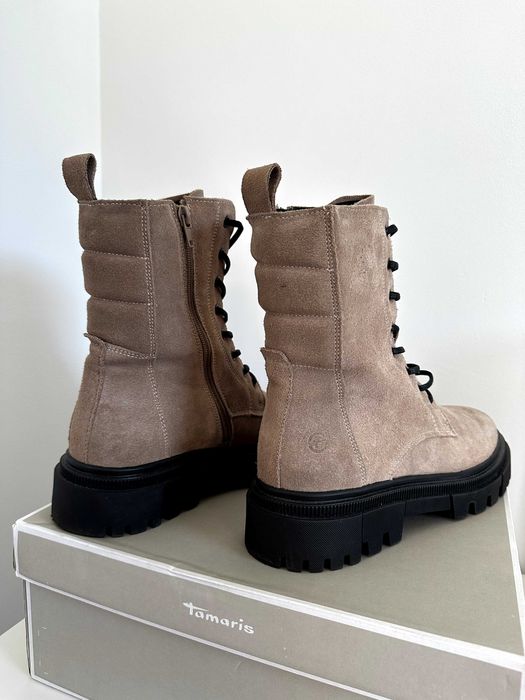 Tamaris Cizme/Bocanci Piele Intoarsa Gri/Maro Taupe Cu Sireturi