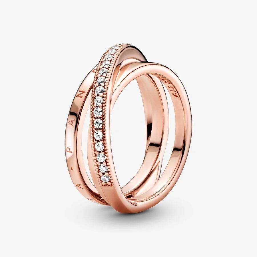 Inel Pandora cu benzi triple pavé încrucișate, placat cu aur 14k