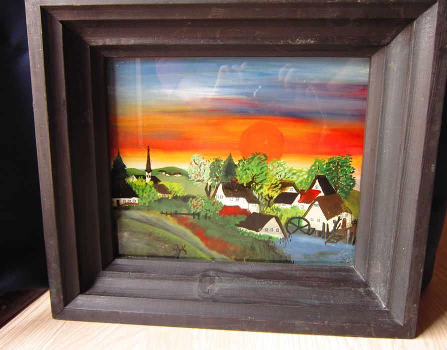 Craciun cadou rar Biserica si moară la apus semnat pictura sticla