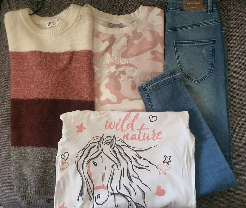 Set haine fete, 4 piese, pulover, hanorac, bluza, blugi, 146-152