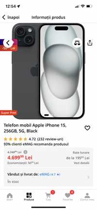 Telefon Iphone 15 negru 256 gb nou