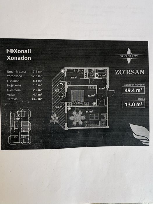 Xonsaroy Zorsan 2 xona srochna sotiladi