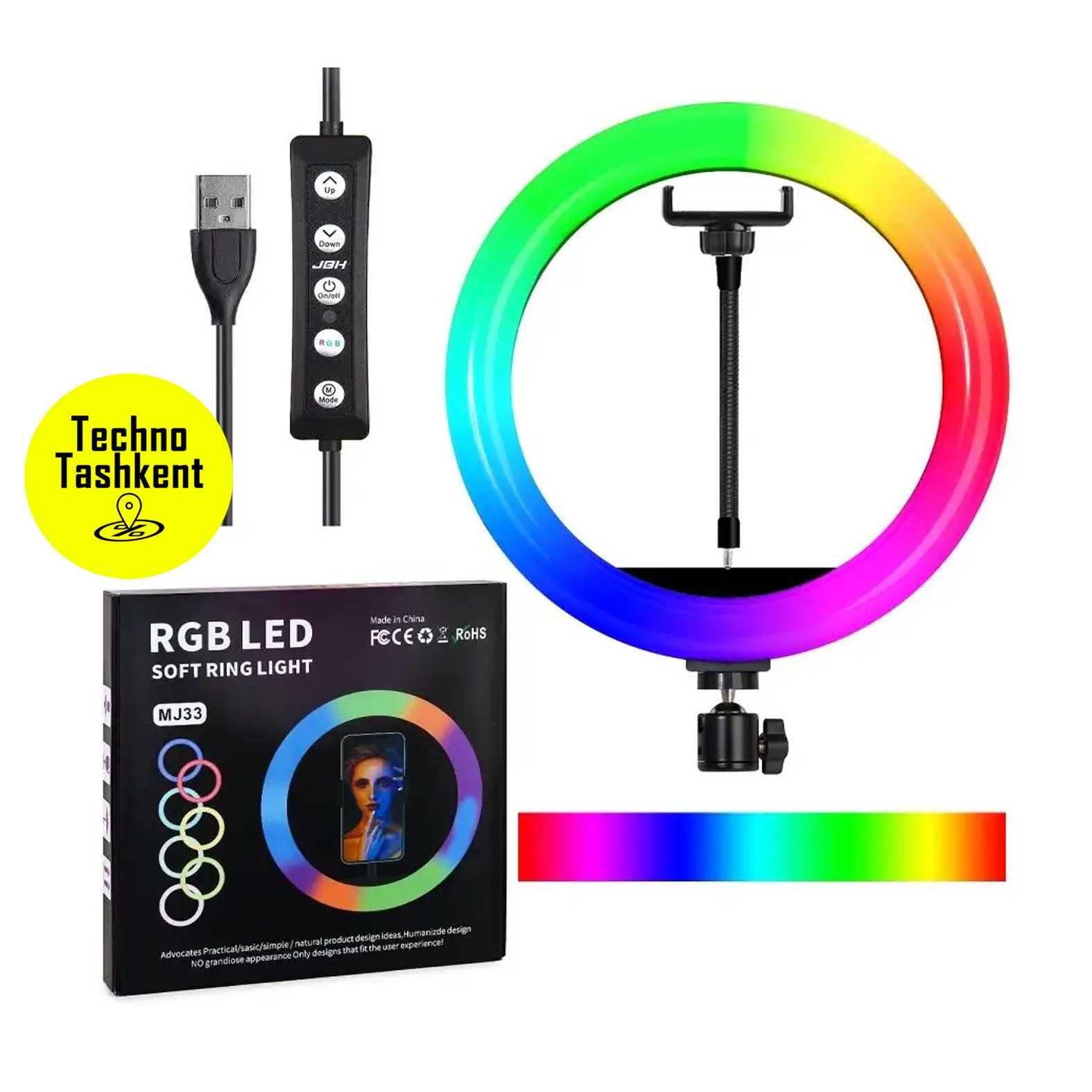 Светодиодная кольцевая лампа MJ33 RGB, 33 см, для селфи, стримминга