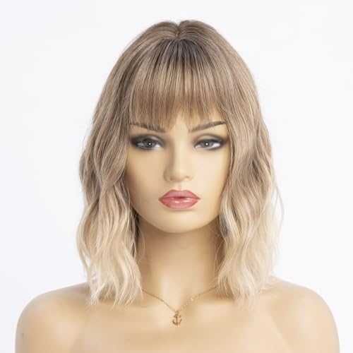 Нова Къса омбре руса перука с бретон, вълниста, естествен вид коса