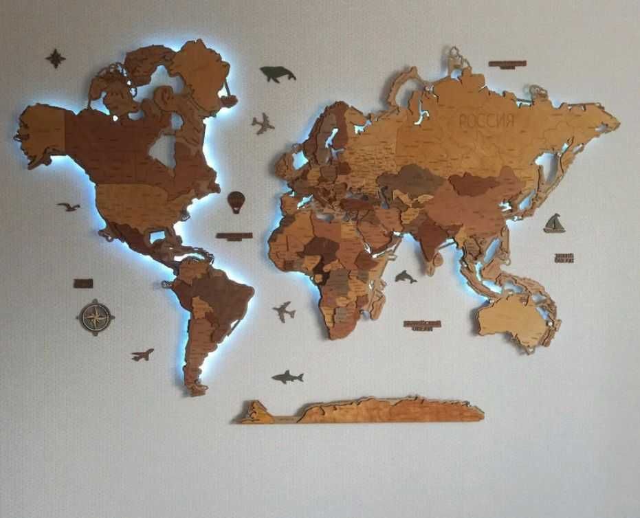 Карта мира из дерева. Декор для дома и офиса. Подарок детям