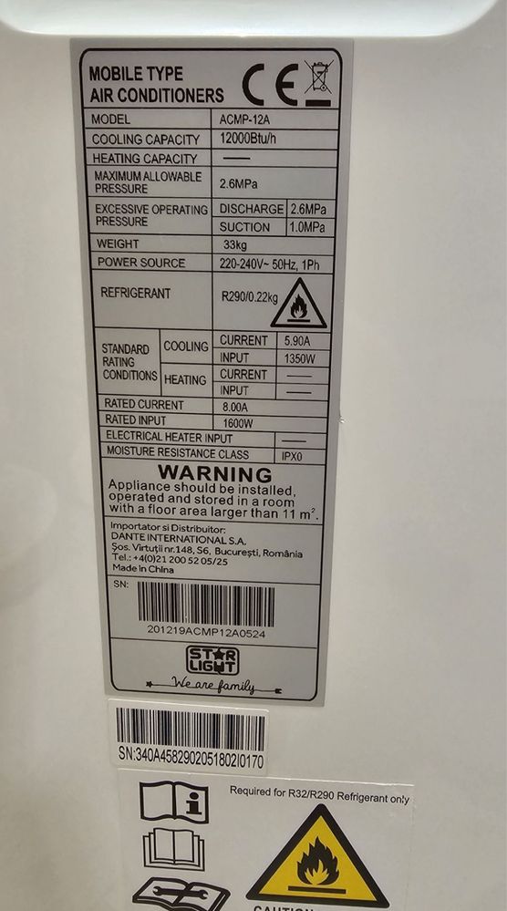 Aer conditionat portabil 12.000 btu star light