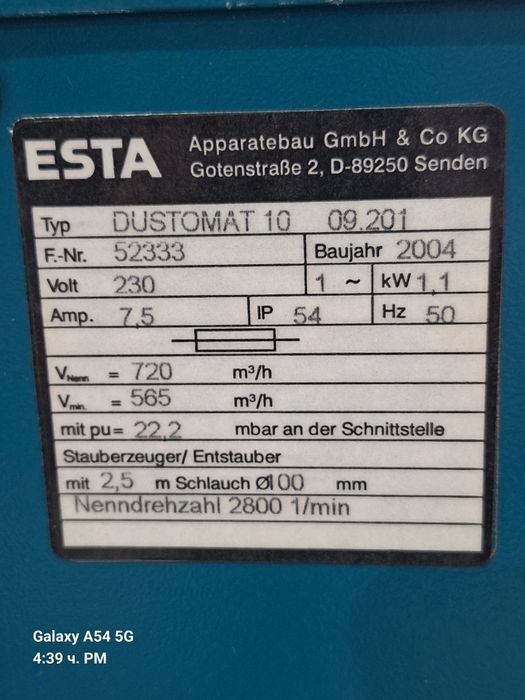 Мобилен екстрактор ESTA DUSTOMAT 10
