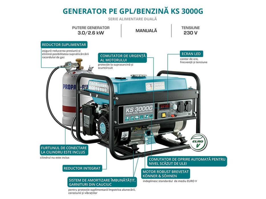 Generator de curent hibrid GPL/benzina 230V 3,0 kW Konner KS 3000G