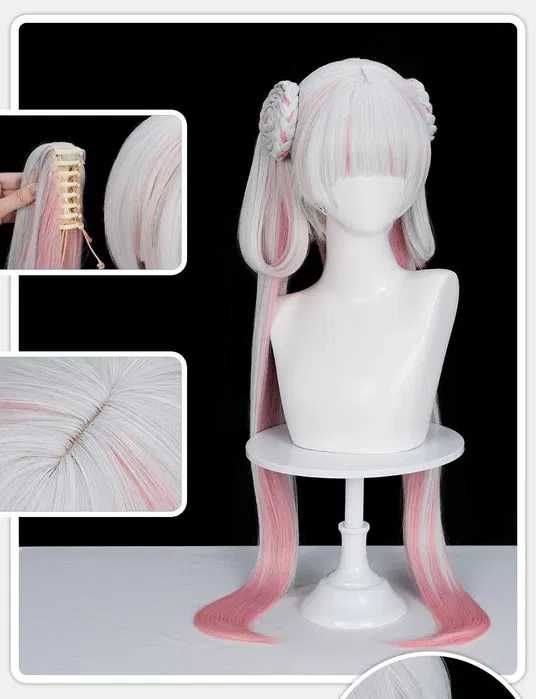 Висококачествена аниме перука бяло и розово с подвижни опашки