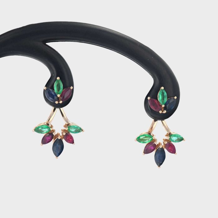 Cercei 4,09 grame aur roz 18k cu rubine, smaralde si safire-cod 9923