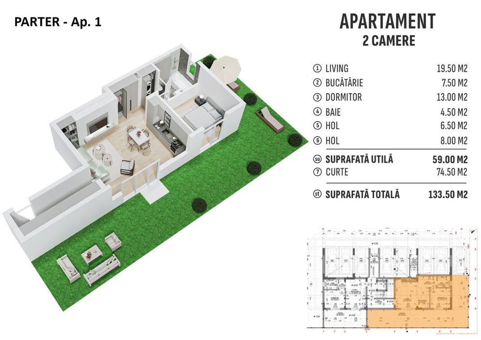Apartament de 2 camere cu gradina - Metrou Aparatorii Patriei
