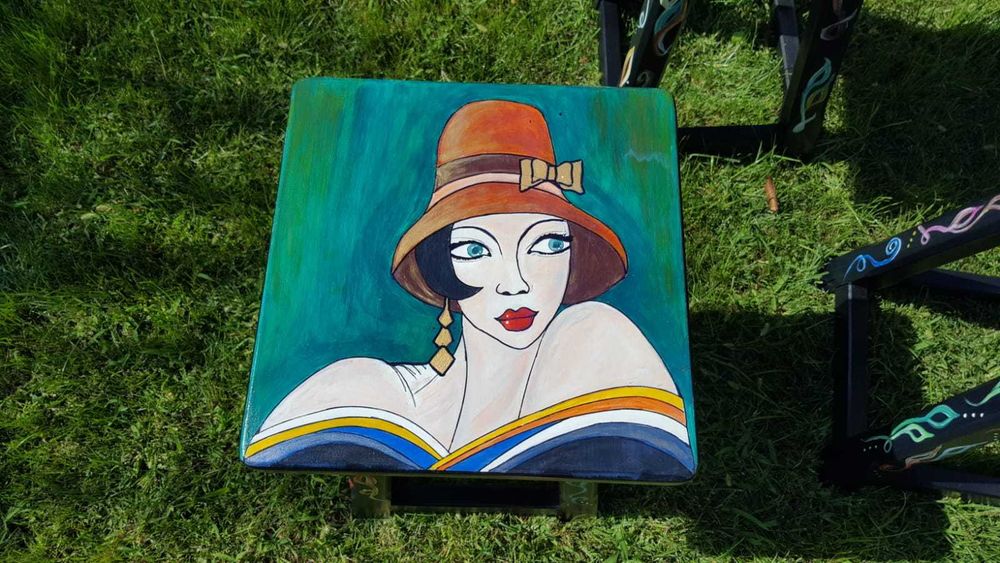 Mobila, SET 4 SCAUNE LEMN ESENTA TARE, pentru gradina, pictate artist