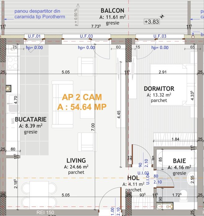 Apartament 2 camere – 54,64 m² • Bloc nou • Str. Eroilor • Etaj 1
