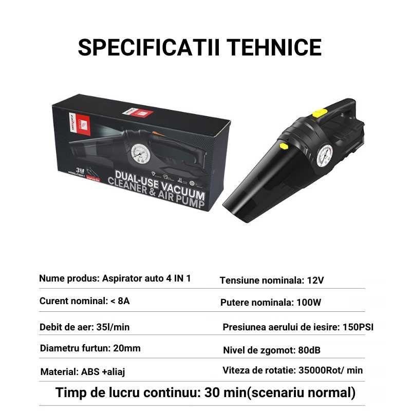 Aspirator Auto, 4 in 1, Compresor Anvelope,Manometru,Lanterna,110W,12V