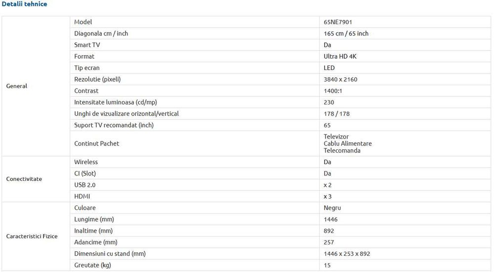Televizor LED NEI 165 cm (65") 65NE7901, Ultra HD 4K, Smart TV, WiFi