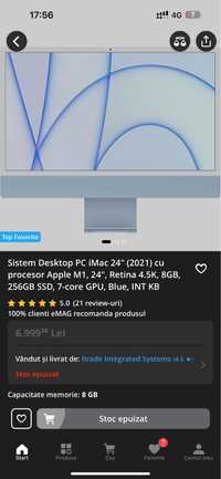 Sistem Desktop PC iMac 24” (2021), proc Apple M1,Retina 4.5K,8GB,256GB
