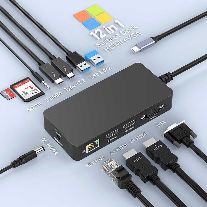 USB-C Докинг Станция 12-в-1 (за Surface, MacBook, Windows, Linux)