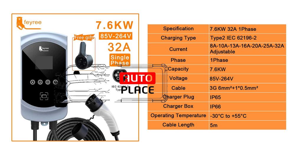 Разпродажба! Монофазно Стенно Зарядно Feyree GEM EV-PRO Type 2 / 7kW