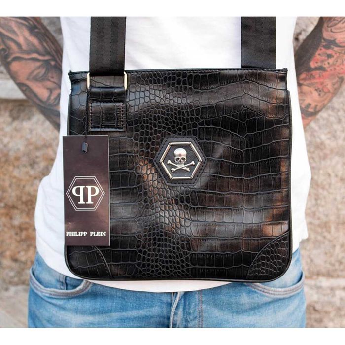 Philipp Plein мъжка чанта през рамо – кроко дизайн с череп