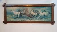 Herghelie cai salbatici semnat Faust, rama lemn, tablou vechi, anii 60