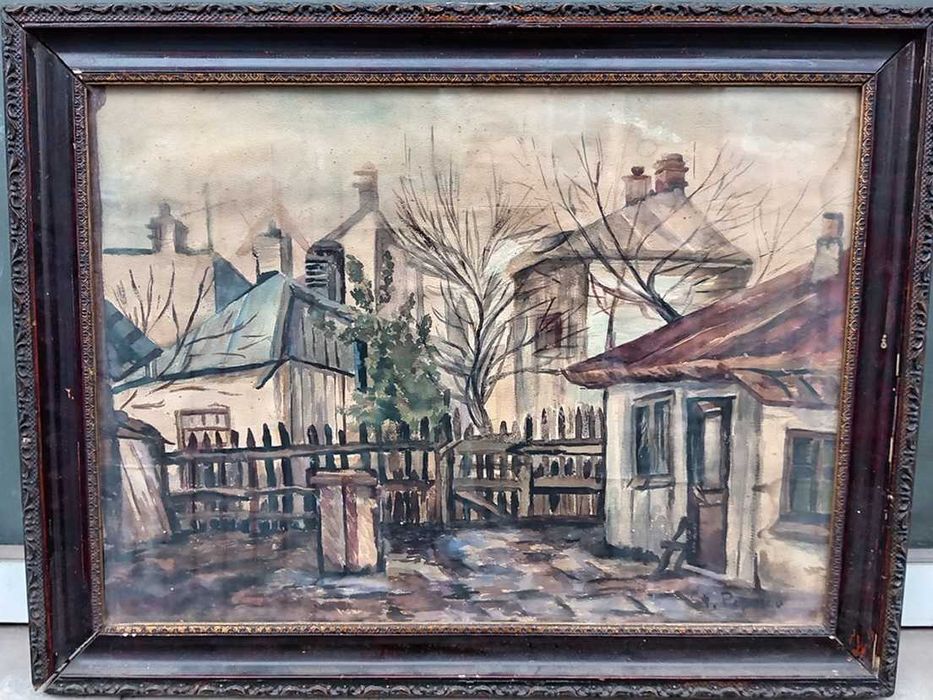 Tablou vechi - peisaj urban vechi - semnat St. Popescu