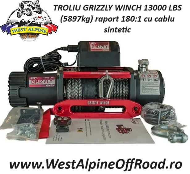 TROLIU GRIZZLY WINCH 13000 LBS (5897kg) raport 180:1 cu cablu sintetic