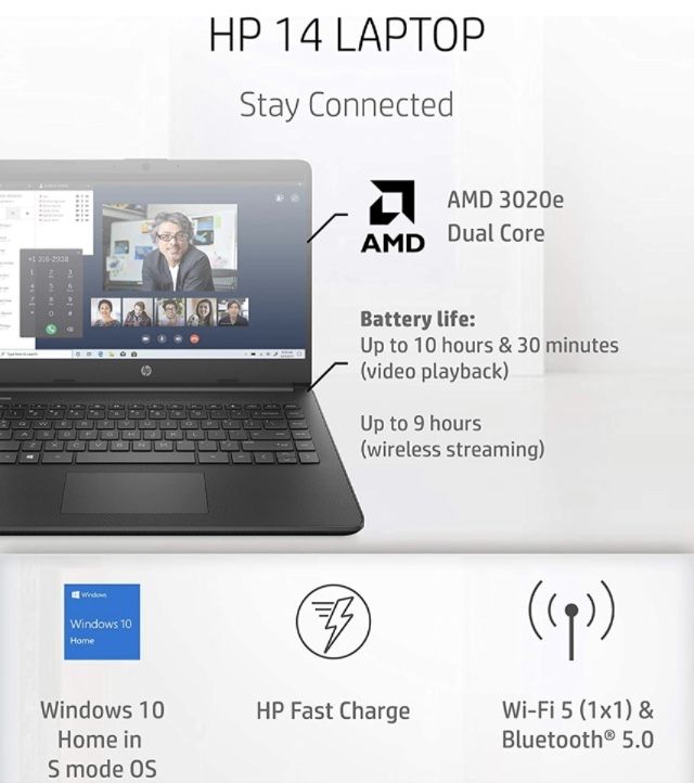 HP 14 Laptop, AMD 3020e, 4 GB RAM, 64 GB eMMC Storage