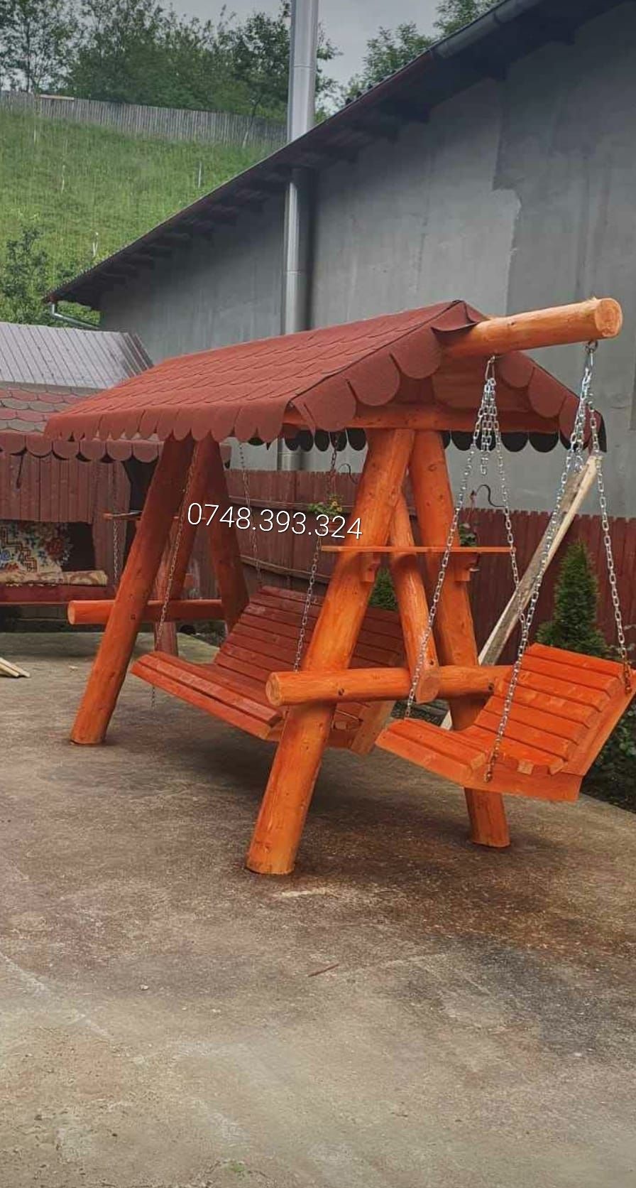 Balansoar  leagan  lemn  rotund  3 4 pers  rustic