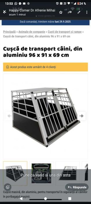 Cușcă aluminiu transport câini pentru mașină sau staționară