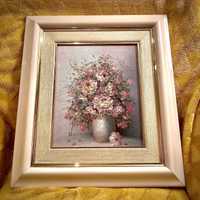 Tablou pictura florala roz pudrat impasto