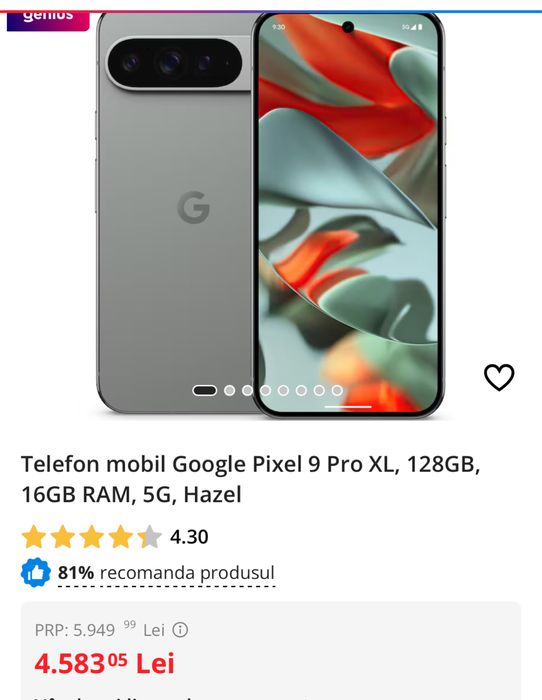 Google Pixel 9 Pro XL, 128GB, 16GB RAM, 5G, Hazel, nou, garantie Emag