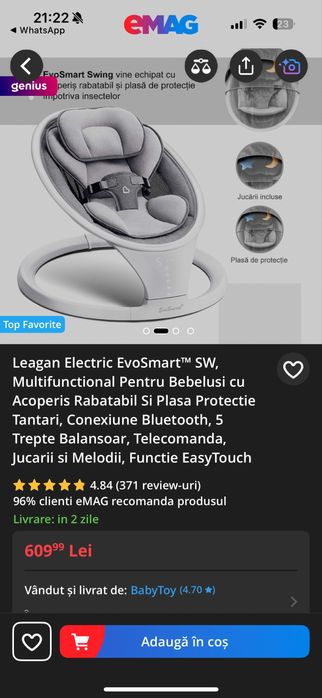 Leagan Electric EvoSmart SW Multifunctional pentru bebelusi ,bluetooth