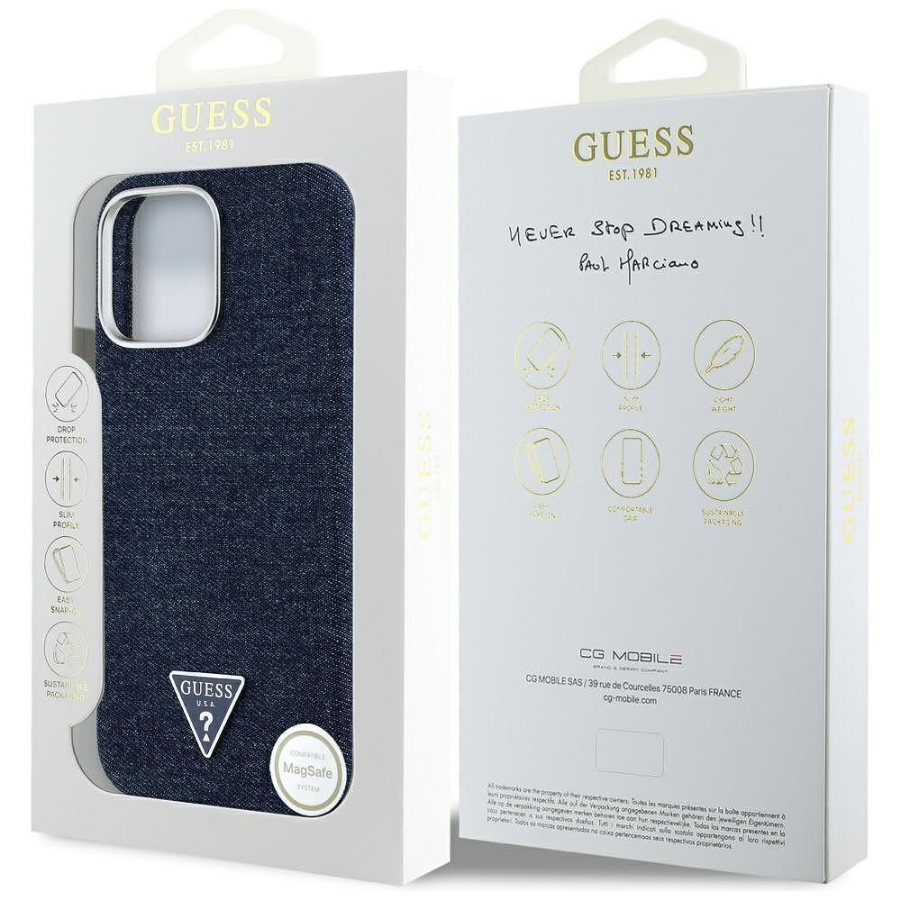Guess – калъф denim triangle logo magsafe за iphone 16 pro max – син