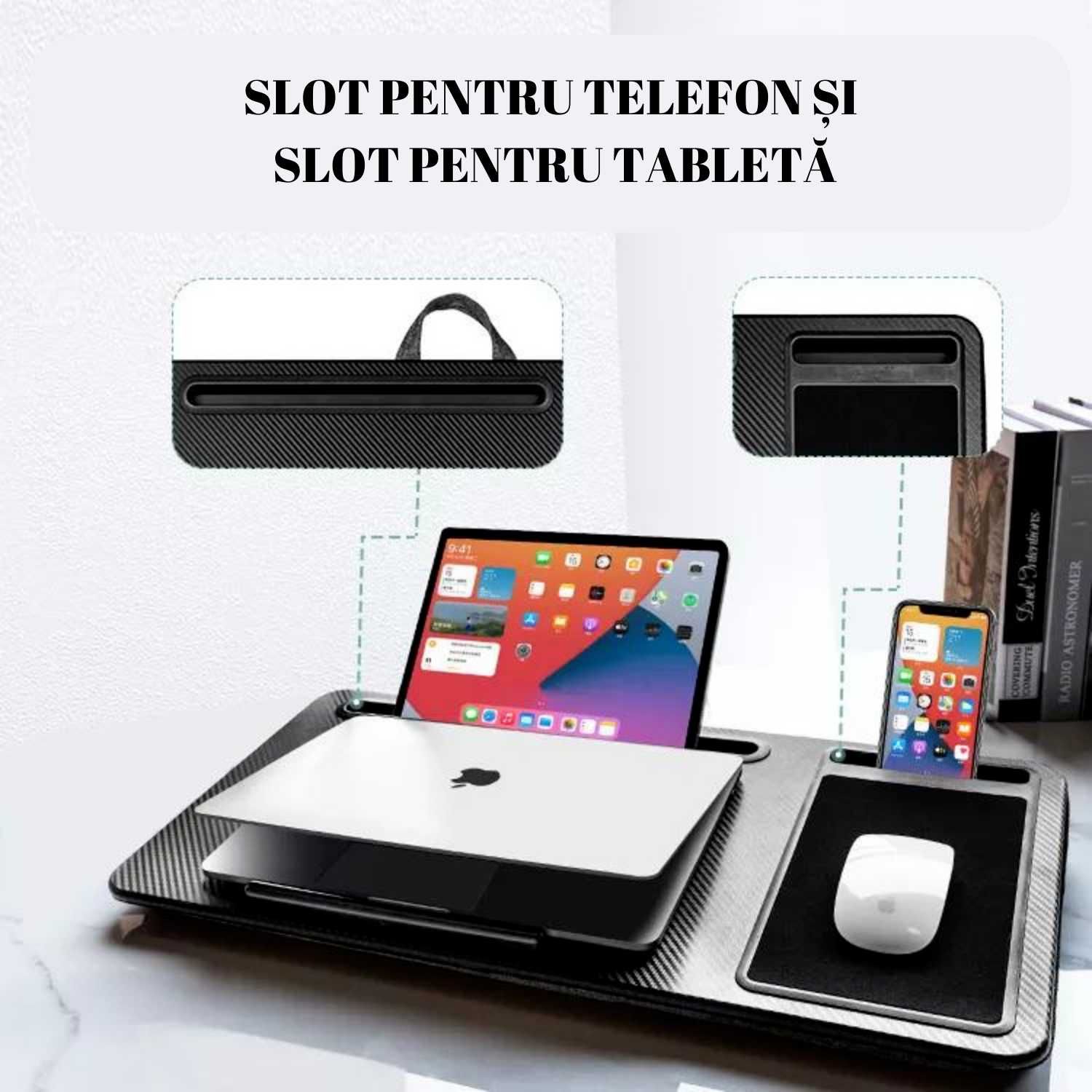 Stand Laptop cu Suport Tableta si Telefon Incorporat, Portabil