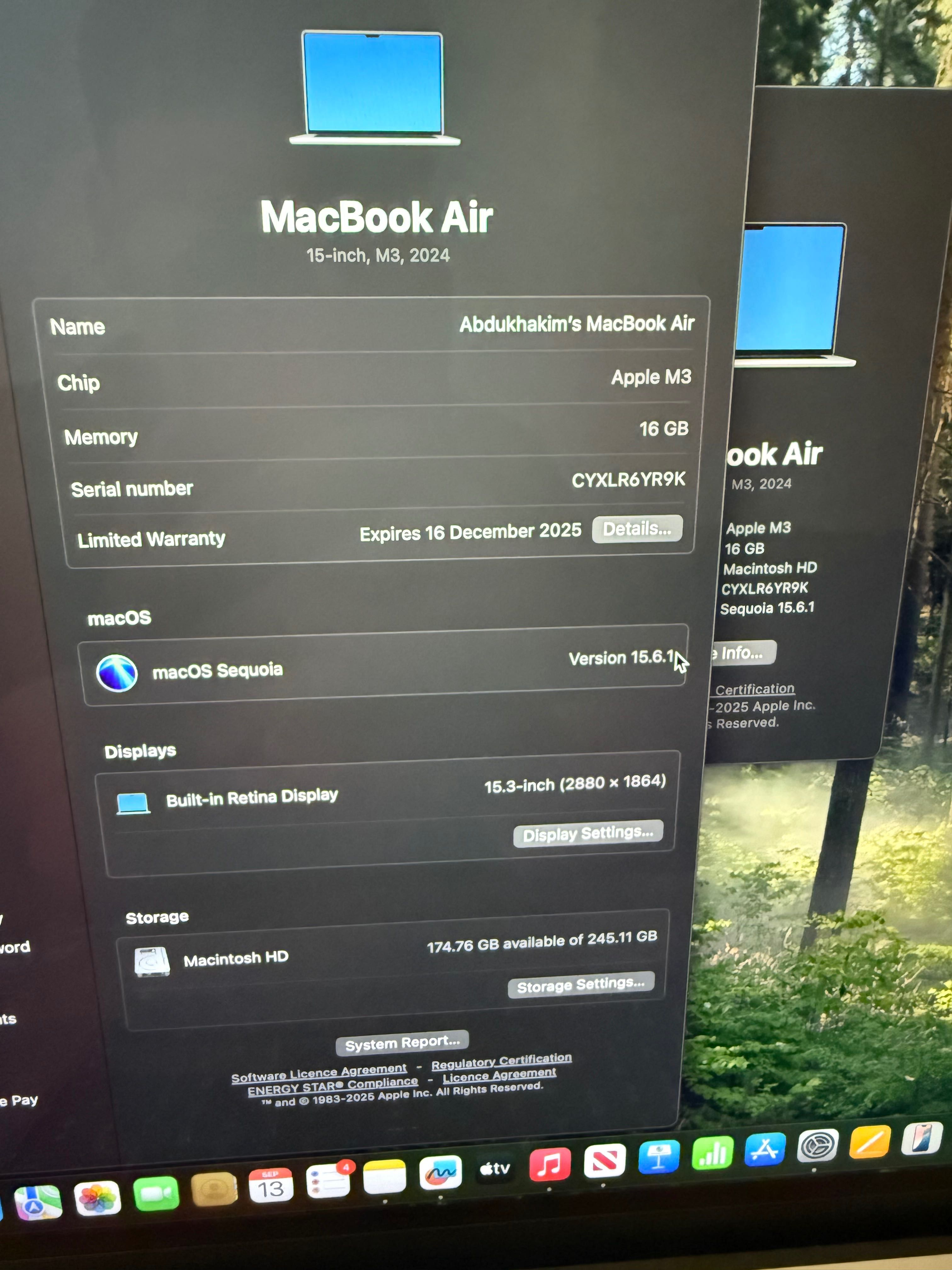 Mac Air2024 (kafolati bilan) 16/256 M3 chip 100% batterylife 15 dyumli